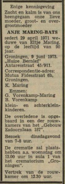 overlijdensadvertentie anje bats on 12 Jun 1973.